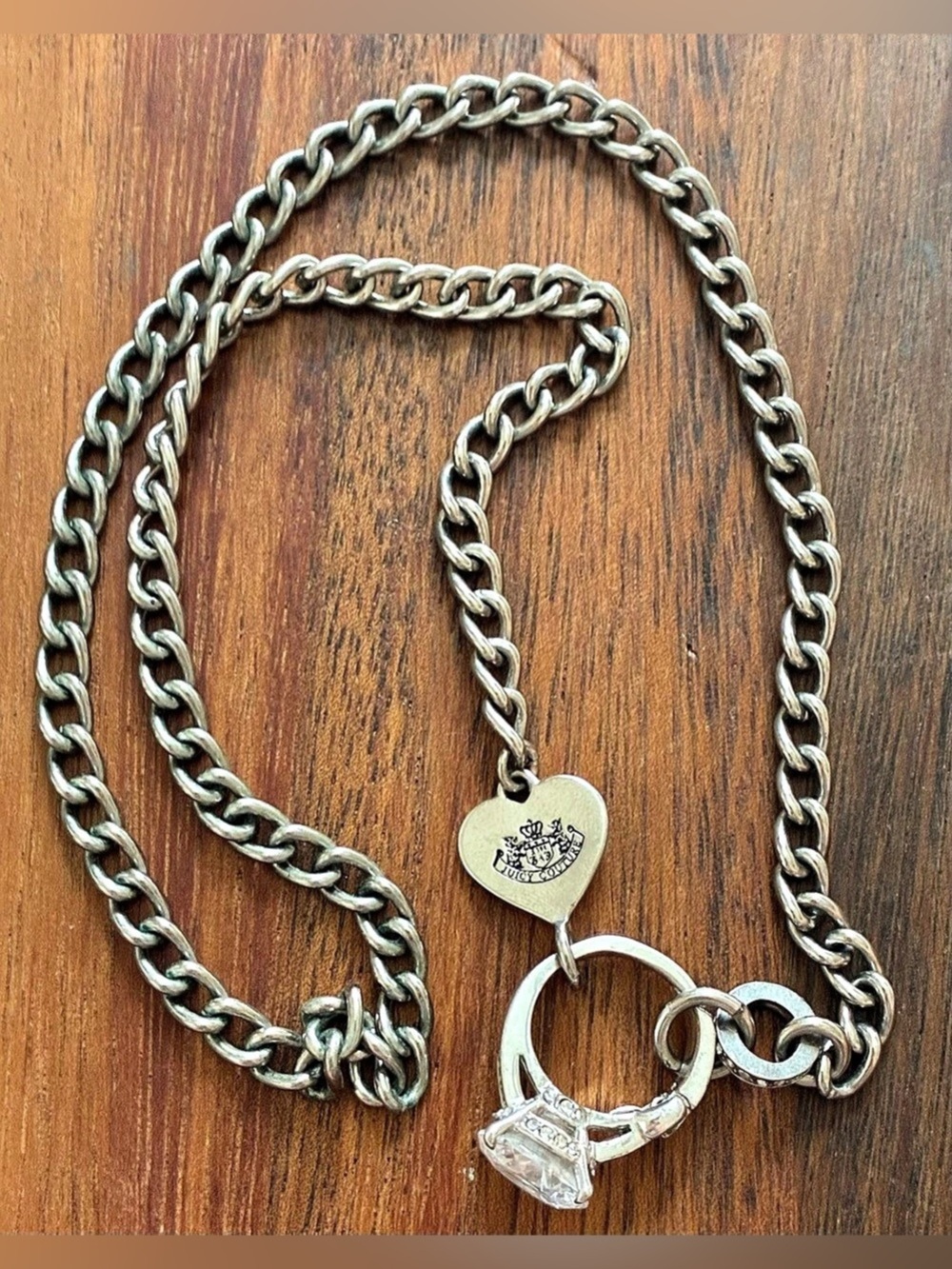Juicy Couture Solitaire Engagement Ring Charm Chain Necklace Silver-Tone